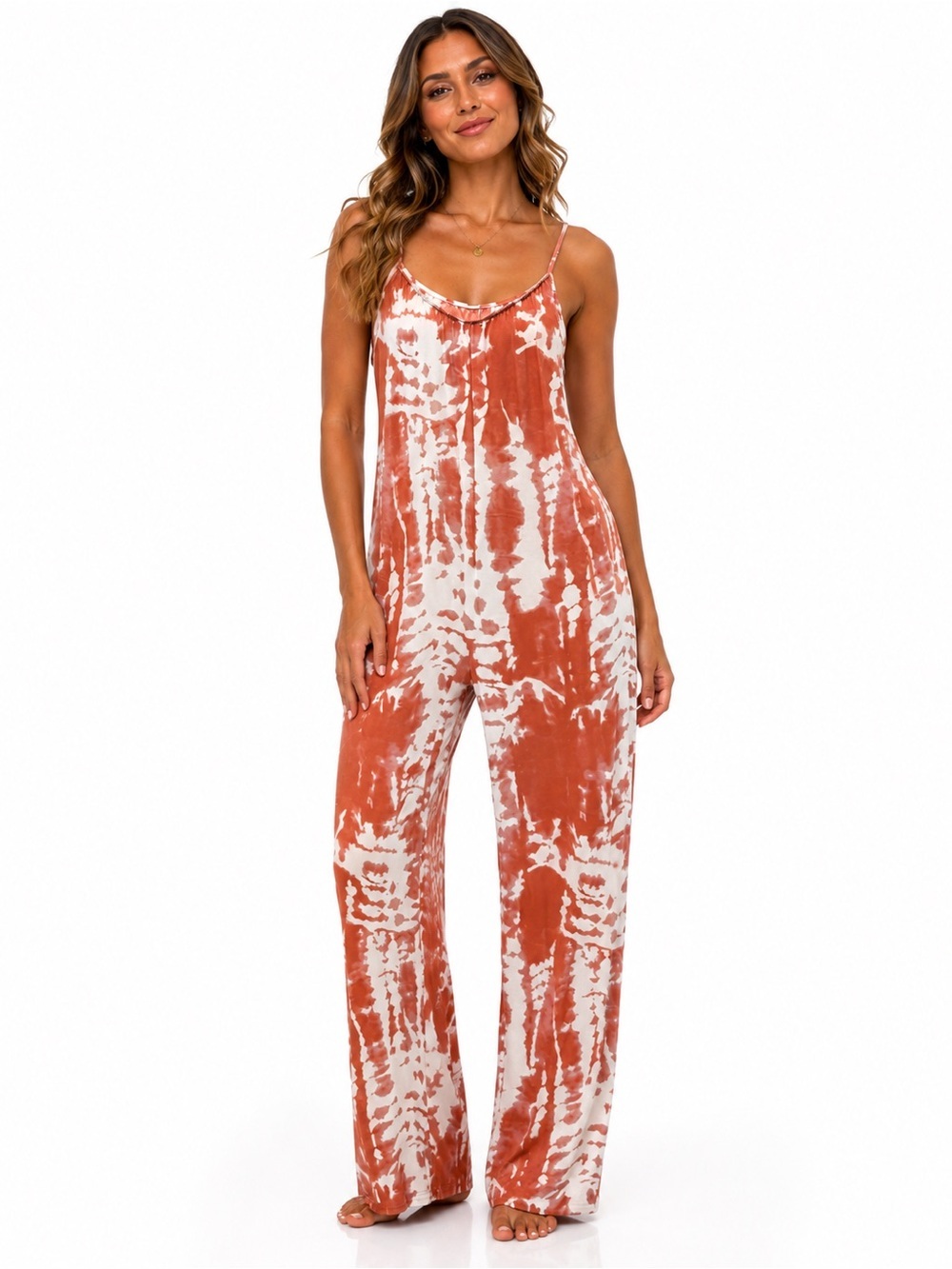 Tie-Dye Rust Wide-Leg Jumpsuit with Spaghetti Straps